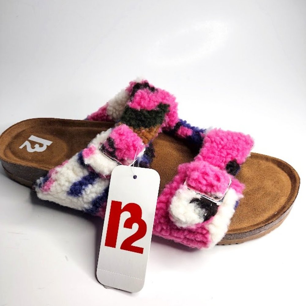 NEW R2 Bernette Colorful Multi Camo Sherpa Memory Foam Buckle Sandals